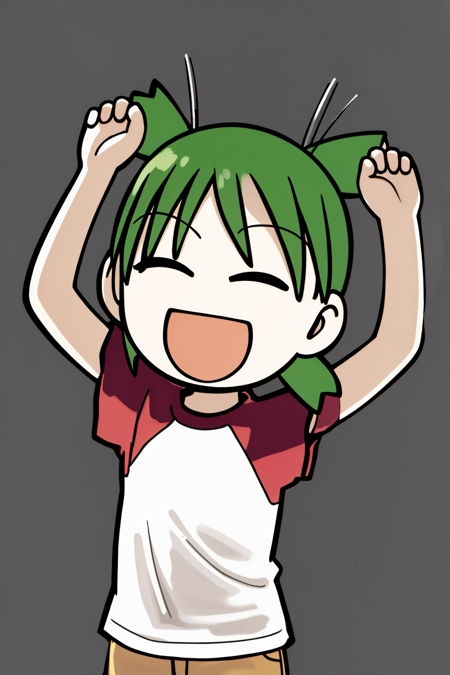 masterpiece, best quality, 1girl, yotsuba, green hair, quad tails, raglan sleeves, shorts, :d, ^_^, arms up, closed eyes, simple background, white background <lora:YotsubaKoiwai:1>