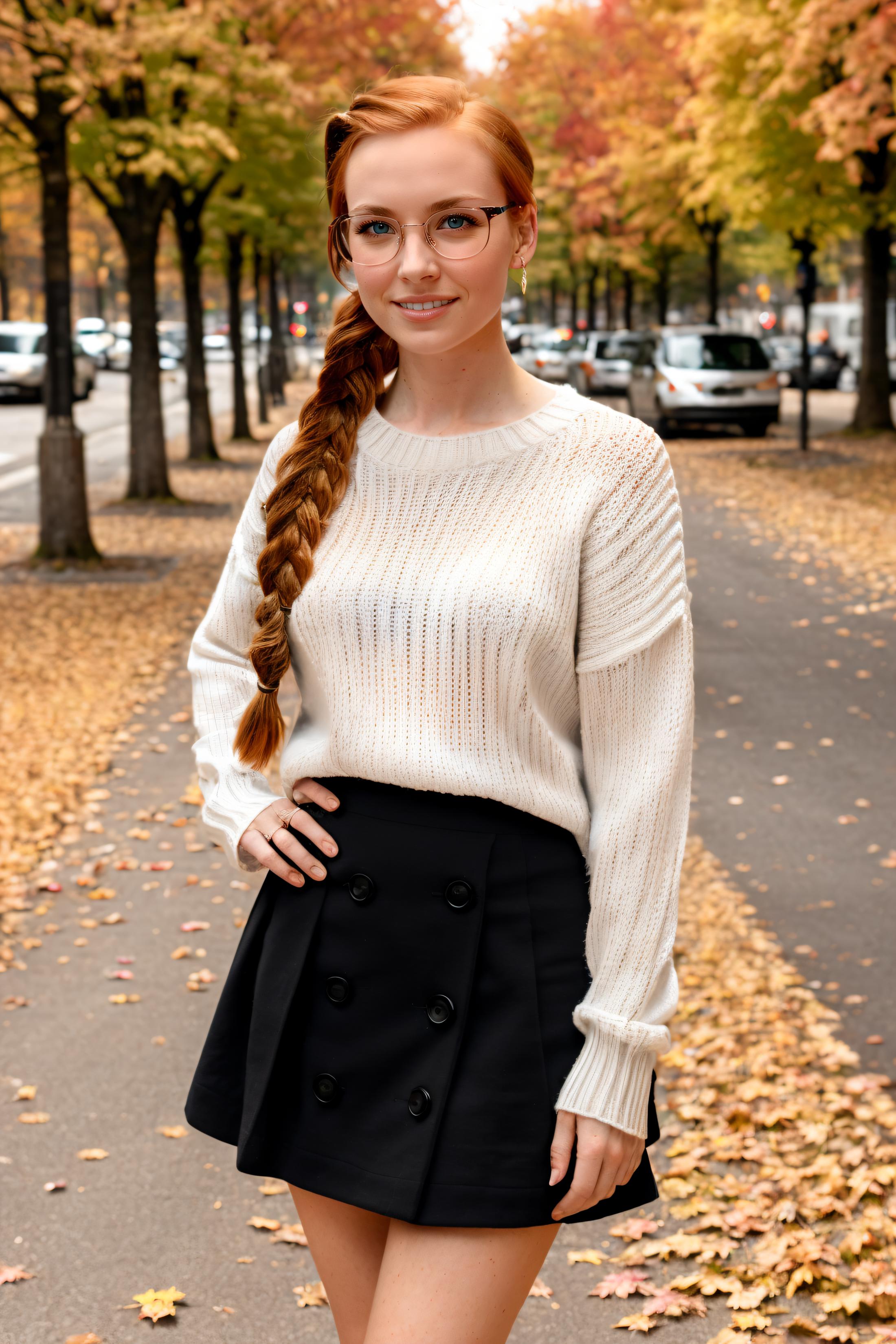 Young Woman Posing for a Picture with a Sweater and a Skirt