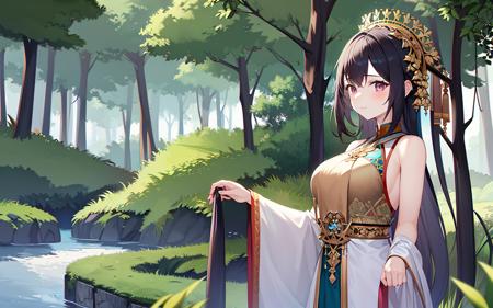 1girl, <lora:sd-No.406-000003:0.8>,forest, river, ornate clothes, upper body,, masterpiece, best quality,