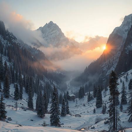 8k, source_photo, source_real, traditional media, real life photo, mountain valley, snow and ice, scattered pine trees, dungeons and dragons, medieval, early morning mist, sunrise,