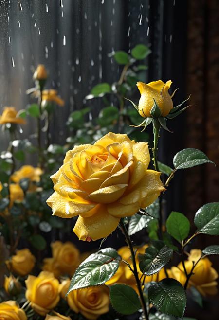 ASCII  Masterpiece, (cosy), (ultra high res, mj,best quality,highly detailed:1.5),(cinematic),(volumetric lighting, volumetric shadows:1.5),Amazing, (8k details),(photorealistic:1.4), (warm lighting,ray tracing,dynamic lighting:1.5),
a yellow rose up close illuminated by divine grace radiated with ancestral light on a rainy day