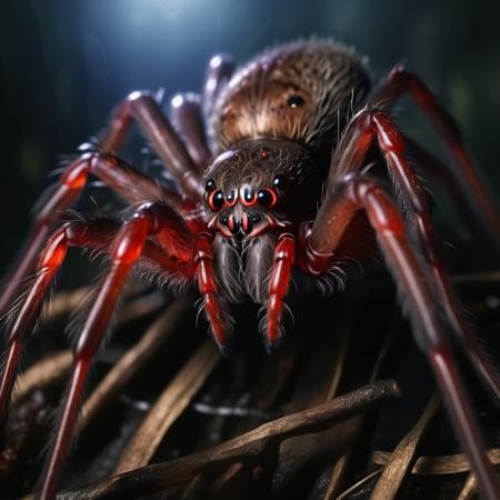 highly detailed documentary photo of giant spider:1.3,

 ((hairy body)), ((black body)), ((glowing eyes)),  ((red eyes)), ((close-up)), blurry, dark forest, night, ((spider web)),

masterpiece, best quality:1.1, 

ultra photoreal, photorealistic:1.0, sharp focus:1.1, 
depth of field:1.1, 

50mm, style of Nathan Wirth, Hasselblad X1D II, Porta 160,
