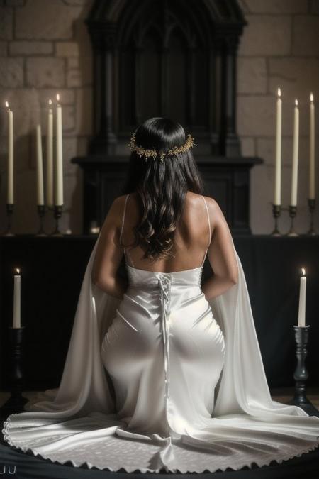 Photo•raw•8k uhd•dslr•high quality•ultra-realistic•realistic•realism•film grain overlay•Fujifilm XT3.
View from behind, dark gothic-style•candle-lit room•ancient stone altar.
1woman•wearing a (white satin gown dress)•(voluptuous)-body•kneeling•covered in honey.