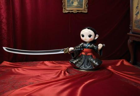 score_9, score_8_up, score_7_up, score_6_up, cartoon, ,CreepyCuteMagical , 
ceramic katana, laying on red silk dress, 
victorian bedroom background,
, dark theme,