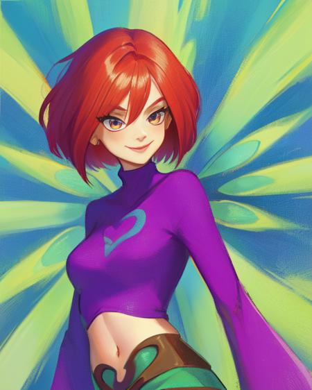 Will, short red hair, brown, solo, standing, upper body, smiling, 
Vandom,midriff ,wide sleeves, green-blue striped pantyhose, purple turtleneck, purple boots,  navel,  miniskirt, 
fairy wings, 
(insanely detailed, beautiful detailed face, masterpiece, best quality) cinematic lighting,  <lora:WillVandom:0.7>