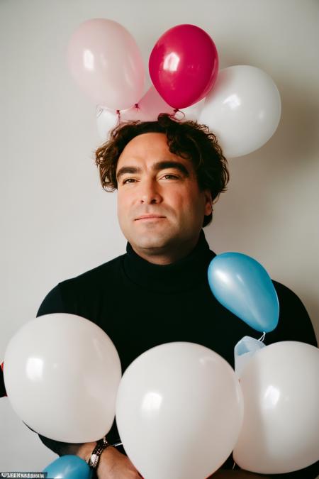 JohnnyLoRA1, fashion portrait photo of man from the 60s wearing a red turtleneck standing in the middle of a ton of (white balloons:1.2), taken on a hasselblad medium format camera, <lora:JohnnyLoRA1_512-512:1>