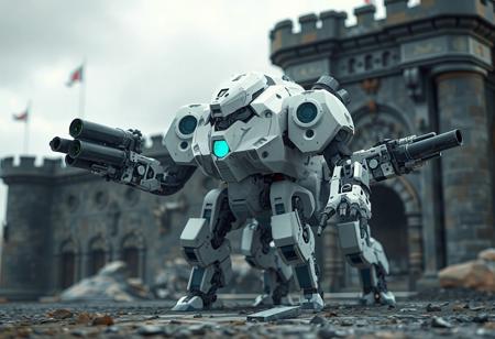Analyze the image of the Barbaroid, the Ultimate Battle Machine, against the Meklord Fortress background. Identify its dominant color scheme (predominantly white with blue/green accents), mechanical features (camera head, gun-armed arms, engine at the back), and artistic style (4K resolution, Octane Render, Raphael/Houdini influence). Highlight the balance between its Max Metalmorph classification and collectible detail. Note the background's role in emphasizing the Barbaroid's isolation and the use of techniques like isometric perspective, dynamic lighting, and splash ink illustration. Ensure clarity, avoid repetition of "Barbaroid, the Ultimate Battle Machine," and structure your response with bullet points for key observations, technical specifications, and thematic significance. Keep the analysis focused on visual and stylistic elements, adhering to a medium-length output