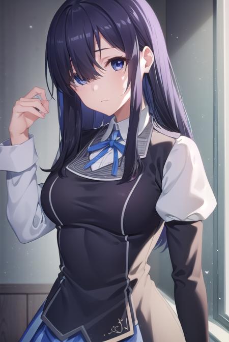 ayaseayatsuji, <lora:ayase ayatsuji s1-lora-nochekaiser:1>,
ayase ayatsuji, long hair, black hair, hair over one eye, (grey eyes:1.3),
BREAK skirt, long sleeves, school uniform, juliet sleeves,
BREAK indoors, classroom,
BREAK looking at viewer, (cowboy shot:1.5),
BREAK <lyco:GoodHands-beta2:1>, (masterpiece:1.2), best quality, high resolution, unity 8k wallpaper, (illustration:0.8), (beautiful detailed eyes:1.6), extremely detailed face, perfect lighting, extremely detailed CG, (perfect hands, perfect anatomy),