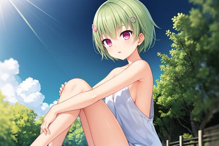 nomura miki,1girl, green hair,hairclip,naked ribbon,blue sky,sunny,sunlight,sitting.<lora:nomiki:0.45>