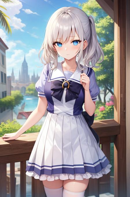 masterpiece,1girl,solo,white hair,blue eyes,summer uniform,(thighhighs:1),standing,<lora:tracen_school_uniform_summer:1>, scenery,