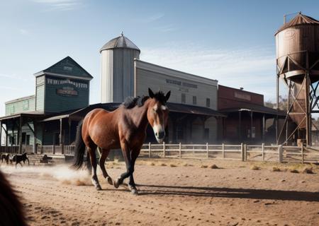 fantwest, a horse walking through a western town with a water tower in the background, highly detailed, realistic