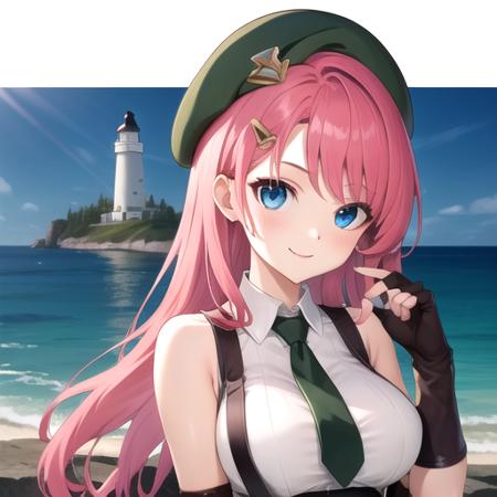 ((masterpiece)),(best quality),official art,extremely detailed CG,unity 8k wallpaper,ultra detailed,A lighthouse on a cliff by the sea,1girl,solo,upper body,(portrait:1.2),large breasts,gloves,suspenders,shorts,long hair,necktie,seductive smile,beret,pink hair,fingerless gloves,blue eyes,black thighhighs,sleeveless,shirt,suspender shorts,looking_at_viewer,<lora:Novice female-1.7(TNT):0.6>