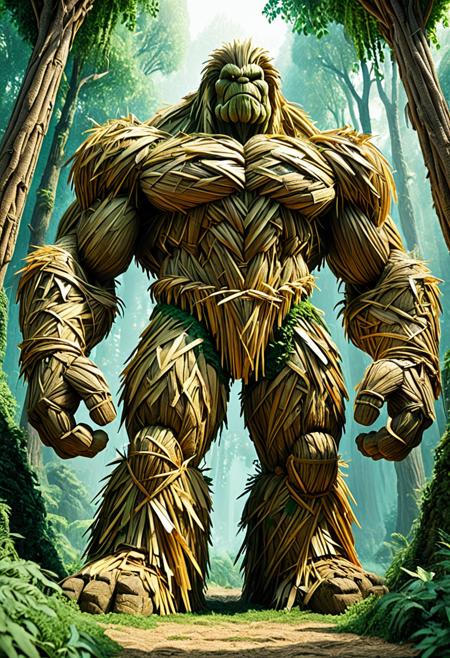 score_9,score_8_up,score_7_up, The image depicts a towering, muscular golem, seemingly composed of straw, entirely made of straw, standing majestically amidst a lush, verdant forest. Its form is robust and imposing, with broad shoulders and powerful limbs, intricately detailed with organic-like straw textures. the view emphasizing the grandeur of the forest guardian. The surrounding environment is in natural light, filtering through the dense canopy, creating a mystical and fantastical atmosphere.  <lora:1:1>