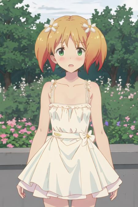 best quality, masterpiece, highres, solo, {yuu_sonoda_sakuratrick:1.15}, blonde_hair, blush, flower, hair_ornament, hair_flower, twintails, short_hair, green_eyes, 1girl, bare_shoulders, collarbone, open_mouth, dress, looking_at_viewer, orange_hair, upper_body