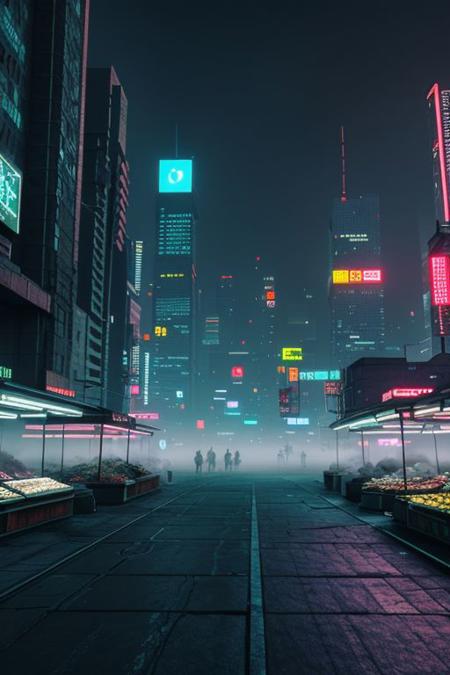 futuristic city, cyberpunk, photo-realistic, 8k, foggy market area, nighttime,  high detailed