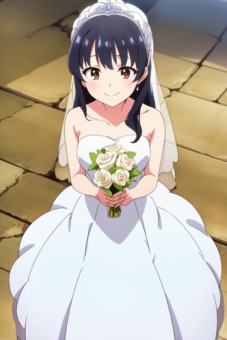 solo, 1girl, masterpiece, best quality, anime, highly detailed background, perfect lighting, (beautiful, best quality:1.1),
<lora:Anna Yamada_v2.0:0.65>, anna_yamada, long hair, black hair, brown eyes,
smile, closed mouth, 
dress, (wedding dress:1.2),
dutch angle, cowboy shot, isometric, from above,