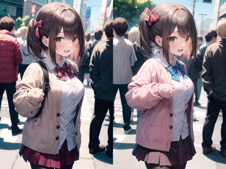 <lora:hyperdenoiser_v090:1>
insanely detailed, absurdres, ultra-highres, ultra-detailed, best quality,
1girl, solo, nice hands, perfect hands,
BREAK
(School Uniforms:1.2), (pink cardigan is fit body:1.4), ((do up a buttons, not loose):1.5), ((long sleeve, sleeves past wrists):1.2), (inner wear is white collared-shirt:1.3), (red plaid-pattern bow:1.3), (red plaid-pattern pleated skirt:1.3), ((dark-brown pantyhose, loafers):1.2) ,
BREAK
happy smile, laugh, open mouth, standing,
from side,
cute pose, cowboy shot,
BREAK
slender, kawaii, perfect symmetrical face, ultra cute girl, ultra cute face, ultra detailed eyes, ultra detailed hair, ultra cute, ultra beautiful,
BREAK
in harajuku, shibuya, tokyo, street, crowd, cityscape,
BREAK
medium large breasts,
(brown hair, brown eyes), hime cut