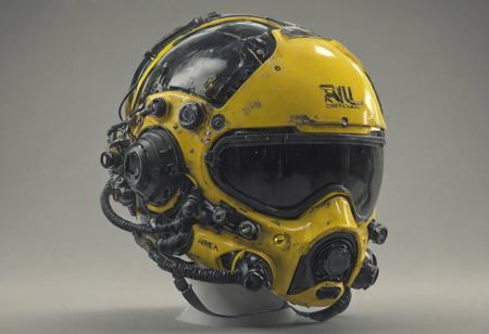 a futuristic cyberpunk firefighting helmet in yellow with a black stripe crown across the middle from front to back. Integrated self contained breathing apparatus and communication. Integrated Headlamp and head up display with thermal imaging camera. 
<lora:add-detail-xl:0.95> <lora:dvr-lnds-sdxl:0.3> dvr-lnds-sdxl <lora:MJ52:0.25> <lora:ral-apoctvisn-sdxl:0.3> ral-apoctvisn <lora:zavy-cntrst-sdxl:0.35> dark, chiaroscuro, low-key <lora:zavy-rmlght-sdxl:0.41> zavy-rmlght <lora:SDXLFaeTastic2400:0.225>