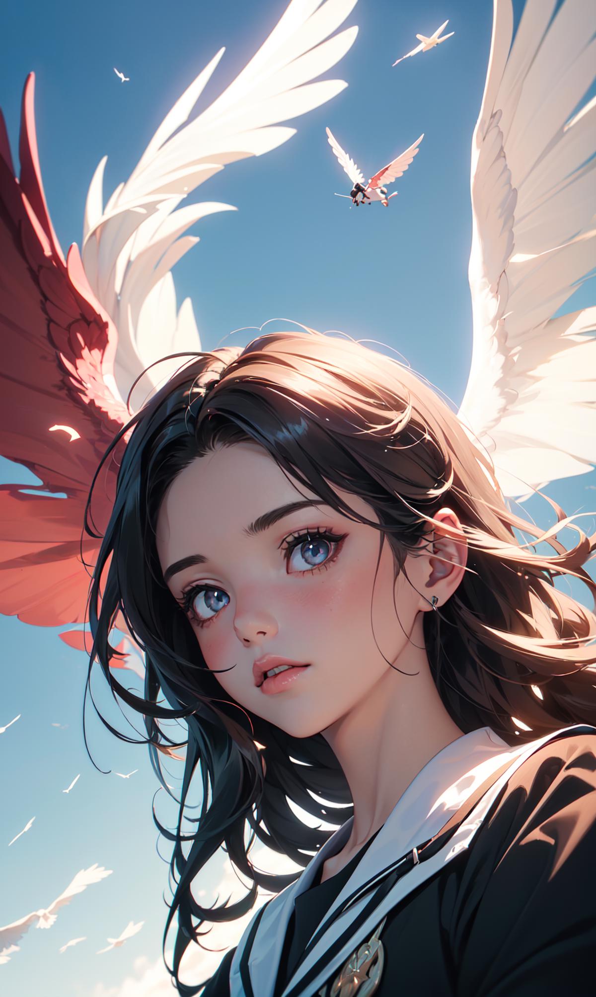 Anime girl with wings and blue eyes.