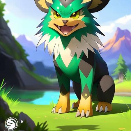 (samdoesarts style:1.3) a brave  pine-green (ground:1.2) hawk Pokemon with alizarin hair, glowing eyes, River or stream, highly detailed, intricate