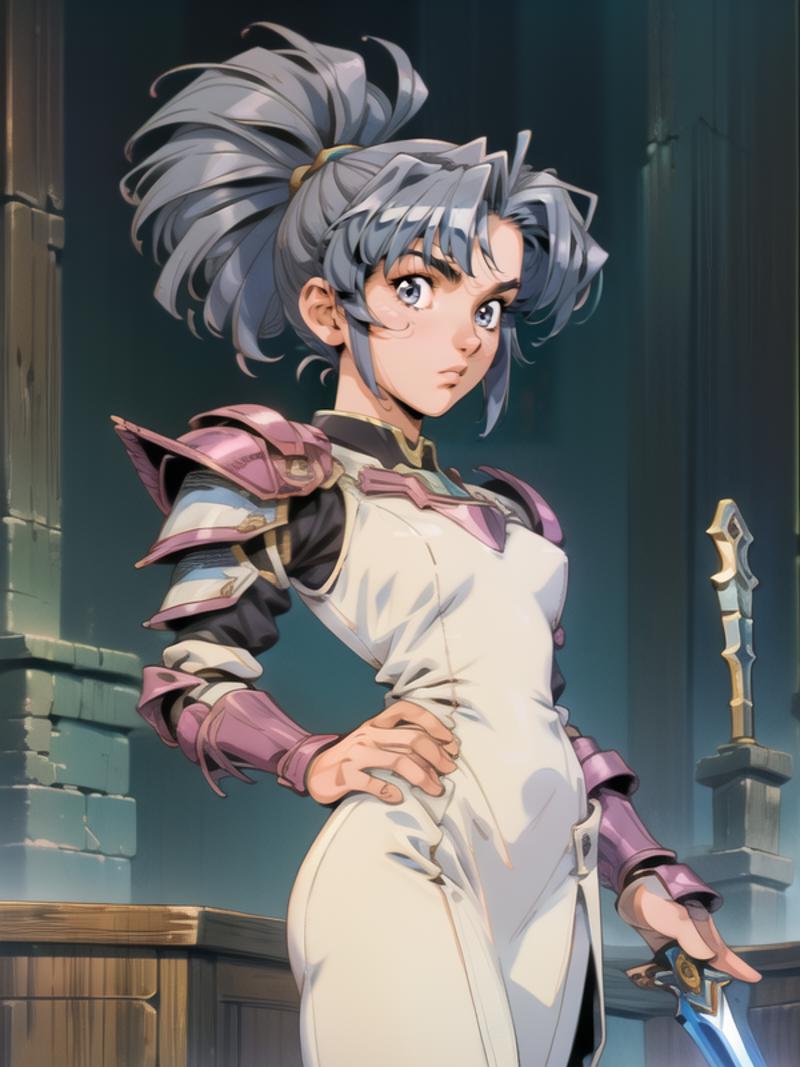 A cartoon image of a female character wearing a white dress and a sword.