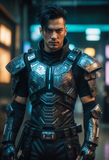 A seamless transition from being a computer hacker through his roleplaying, cyberpunk aesthetics to be the ultimate masterpiece of technology. He wears an intricate leather armor with holographic interface and circuitry embedded within it that controls all manner 24 channels in reality's digital world - ranging from virtual assistants to smart speakers and printers or even drones powered by AI engines. His gaze is focused intently, Film grain, cinematic film still, highly detailed, highly contrasted, dynamic pose, high budget, sharp focus, cinemascope, gorgeous, 2000s vintage RAW photo, photorealistic, color graded cinematic, natural, extreme quality