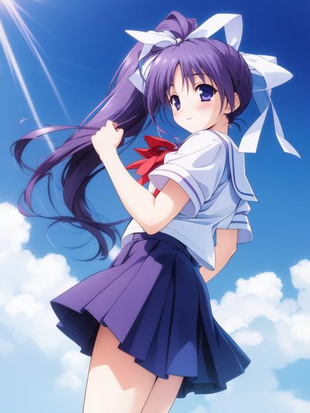 ItouNoemi, 1girl, soro, blue_purple_hair, long_hair, side_ponytail, ribbon, purple_eyes, hair_ribbon,