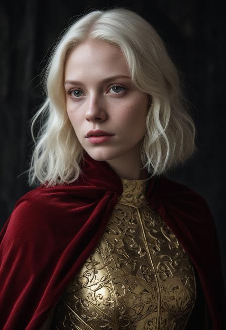 (Soft Lighting Photography by Mimoza Veliu and Mario Giacomelli:1.2), beautiful girl wearing a  medieval golden armour and a red velvet cape(woman like [Ava Lavinia Gardner:russian girl:0.6]), side soft light, Dark environment, black over black, highly detailed, detailed realistic photography, Stunning full body photo, albino hair, perfect eyes, detailed skin, (lightest freckles:0.9), standing in a casual pose, professional color grading, epiCPhoto