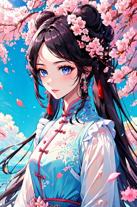 Regality Style, 1girl, black hair, blue sky, chinese clothes, dress, earrings, falling petals, hair bun, hair ornament, jewelry, long hair, petals, sky, solo, upper body, white dress <lora:Regal:1>