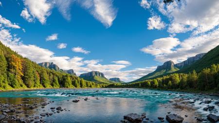 outdoors, sky, day, cloud, signature, water, tree, blue sky, no humans, cloudy sky, nature, scenery, forest, rock, mountain, river, waterfall, landscape, cliff