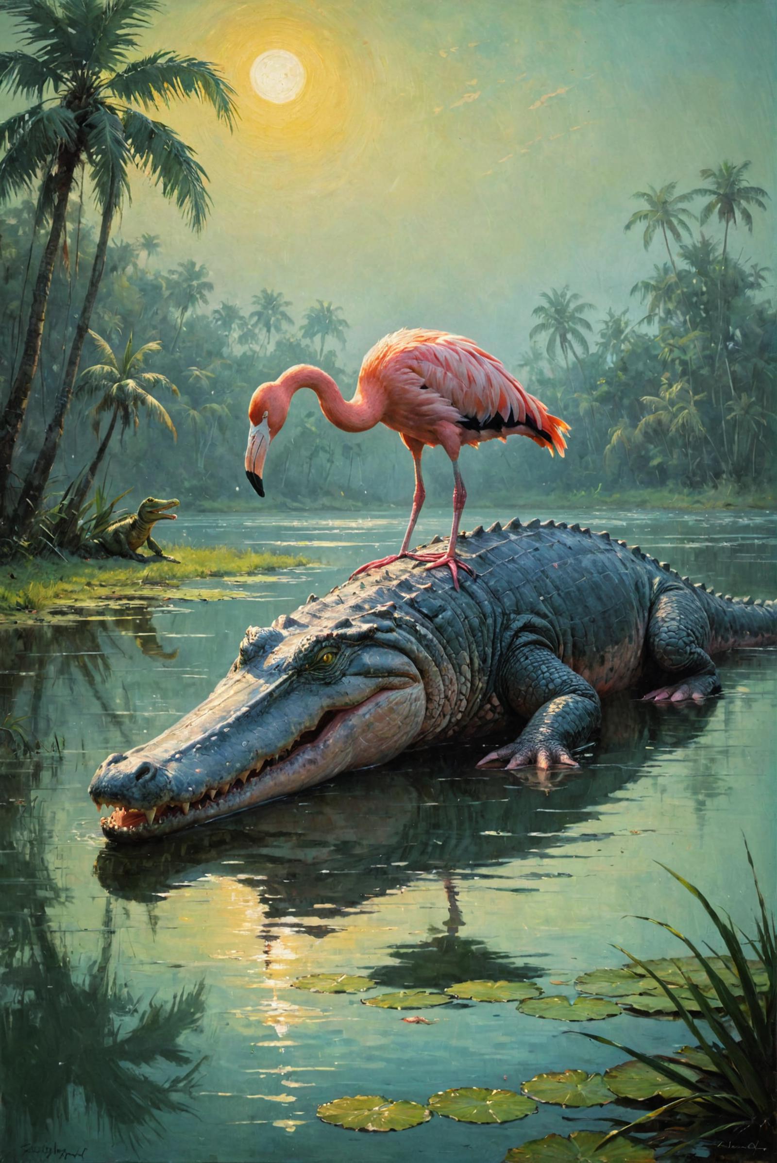 A pink flamingo perched on the back of a crocodile in a painting