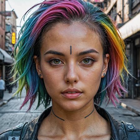 epic realistic, DV_Karah_Vicious, cyberpunk lanscape, ultra realistic, cinematic lighting, ultra detailed, detailed gorgeous face, beautiful girl, olive skin, medium length rainbow hair, simetric face, good anatomy, deusamelada, (Masterpiece:1. 3), (best quality:1. 3), <lora:add_detail:0. 4> <lora:epi_noiseoffset2:0. 4> <lora:hairdetailer:0. 6> <lora:more_details:0. 3> <lora:add-detail-xl:1. 2> <lora:DetailedEyes_V3:1. 2> <lora:sd_xl_offset_example-lora_1. 0:1. 2>, (natural skin texture, hyperrealism, soft light, muted colors), background, rutkowski, rim light