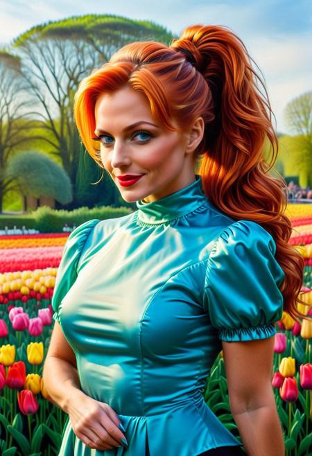 jaynl-tm, (close up:1.8), Stable_Yogis_PDXL_Positives, (Victorian blouse made of tulips), Realism_Quality_2xx_By_Stable_Yogi, (anatomically correct:1.7), photo, photo_realistic, 1girl, mature_woman, European, 27 years old, parted_lips, choker, seductive smile, sultry, serious stare, stern look, close-up, eye shadow, makeup, milf, mature female, pureerosface_v1, Expressiveh, intricate_details_xl, natural skin, realistic, hands out of view, red lipstick, makeup, Influencers Deluxe_Lara_Lang, long ponytail, streaked hair, Orange hair, black streaks in her hair, long side bangs, black highlights in bangs, thick lips, mega ponytail, big hair, tall, natural blue eyes, high neck closure, fitness body, toned muscles, high cheekbones, solo, (fully dressed:2), high turtle neck, outdoors, (hands hidden:1.7), short sleeves, closed dress, high neck closure, gentle smile, closed mouth, short puffy sleeves, laboratory, big fluffy hair in all directions.