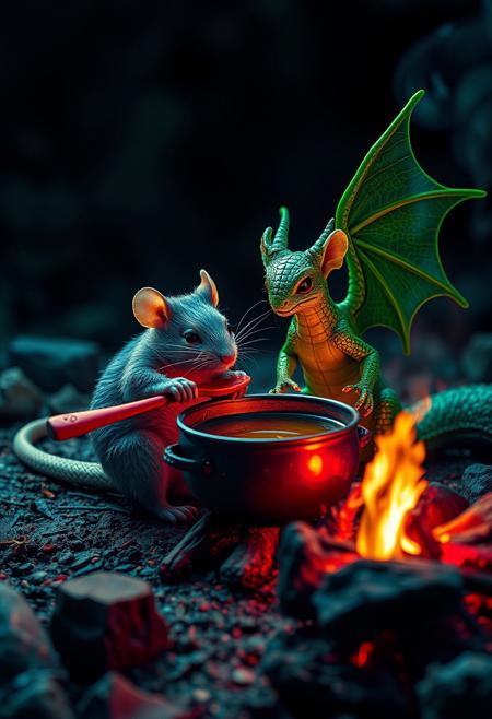 surreal VFX, nano-rat stirring broth on a campfire with a red spoon, sitting with the  green nano-dragon with dark green wings seen under an electron scanning microscope, with details, vivid colors