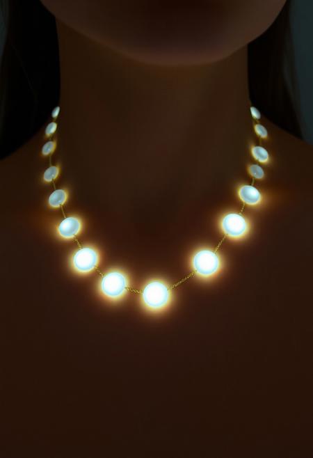 subdermal LED jewelry, (internal LED glow:1.7) forming uniform, large glowing circles beneath the skin, (embedded LEDs:1.7) mimicking a soft pearlescent light pattern, smooth radiant circles following the natural curve of the collarbone, (pearlescent glow:1.5), soft light diffusing naturally from beneath the skin, high-definition, (realistic skin texture:1.7), (subtle glowing circular shapes under the skin:1.6), seamless integration of light and skin, radiant light transitions, perfect for both formal and casual settings, (worn necklace:-1.8), (visible pearls:-1.8), (unnatural glow:-1.5), minimal external appearance, modern elegance, high-resolution, ultra-realistic textures, smooth glowing shapes forming an elegant necklace pattern, tech-enhanced beauty