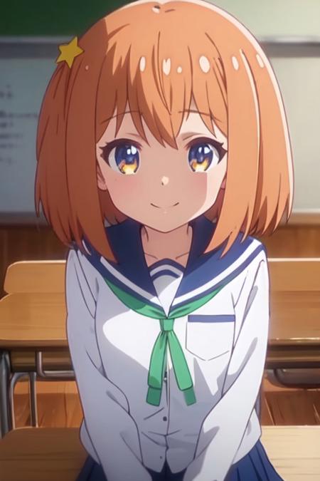 asteroid in love anime lineart, mira konohata, short orange hair, star shaped hairpin on the right, bangs hanging over forehead, purple-ish dark blue/yellow eyes, school uniform, long sleeves, thin green lace, long blue pleated skirt, siting on chair, classroom, looking at viewer, happy face, closed mouth