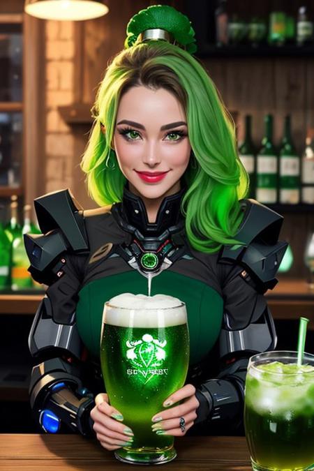2d art, masterpiece, best quality, UHD 4K, stptrcksstle, <lora:Stpatricksday:1.0>, (3/4 view), (upper body), a_photo_of a  Leprechaun (holding one green beer mug), (detailed face), charm, ethereal, microskirt, <lora:Faltmix:1.0>, seductive pose, (light smile:1.1), green beer dispenser mech machine, green beer glass  containers, ligth from background, futuristic,