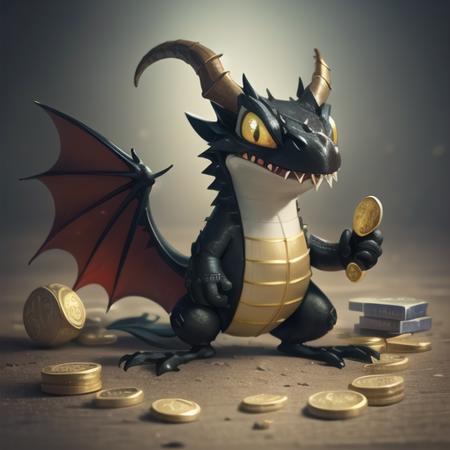 (8k, RAW photo, best quality, masterpiece:1.2), bank, bobeda, gold, gold coins, gold bars, gollas, a lot of gold, banker, black scales, wings, tail, horns, sharp teeth, red eyes, creature playing with gold from a bank , techo, <lora:Techo:0.70>