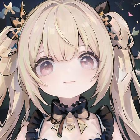 (masterpiece),best quality,highres,incredibly absurdres,stunning art,beautifully painted,highly detailed,finely detailed,ultra detalied,fantasy,colorful,soft lighting,
,bface,meme,solo,1girl,
,shian,lace bow,(black rose:0.8),long hair, blonde hair,twintails,(finely detailed eyes and detailed face:1.3),deep red eyes,smile,medium breasts,skirt
, <lora:Aæ¯çèªç¼_åè¯_SV_è¯å²¸_Shian-000018:0.9>