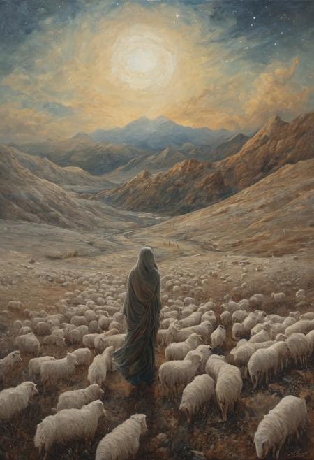 
 A surreal and abstract oil painting of an Iranian nomadic woman, with her figure blending into the landscape, her traditional attire flowing like the wind across the canvas. The sheep in her flock appear as ethereal, ghost-like forms, almost floating around her. The mountains behind her are depicted as undulating waves of color, merging into the sky in a dreamlike fashion. The woman's eyes are portrayed as windows into the universe, reflecting stars and galaxies. The painting is an exploration of the mystical connection between the nomadic life, nature, and the cosmos.

