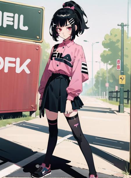 best quality, 4K wallpaper, masterpiece, extremely detailed CG unity 8k wallpaper, extremely detailed eyes, ultra-detailed, intricate details, 1girl, solo,red eyes, Fila outfit, pink shirt, hair ornament, skirt, black legwear, shoes, looking at viewer, public, road sign, street park, street, <lora:clothingbrend:0.6>