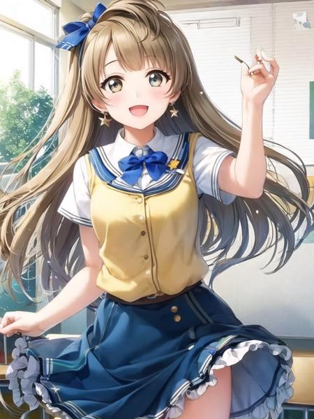 minami_kotori,
<lora:minami_kotori_v2:0.8>
original,(illustration:1.1),(best quality),(masterpiece:1.1),(beautiful and clear background:1.25),(extremely detailed CG unity 8k wallpaper:1.1), (colorful:0.9),(depth of field:0.75),( ink splashing:0.95),(color splashing:0.85),(watercolor:0.65),
(cowboy shot:1.4),blue (school uniform:1.4),
1girl, bangs, :d, brown hair, blue_eyes, dress, earrings,looking_at_viewer, neck_ribbon, long_hair, smile,
classroom, indoor, sunny, detailed blue sky,