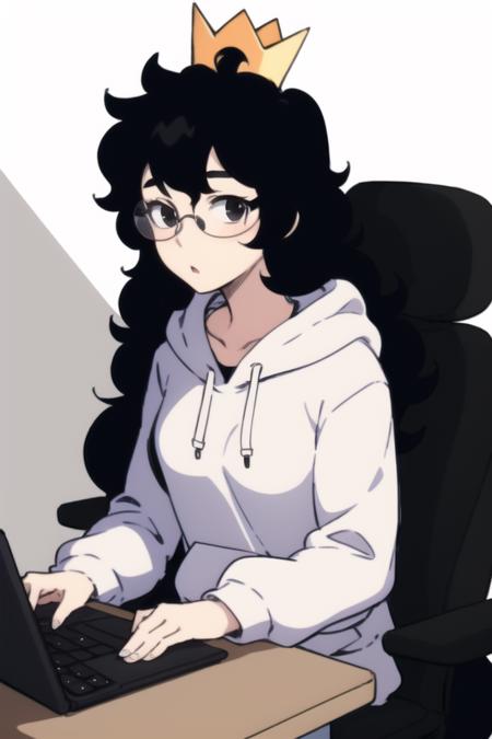 <lora:azurasuzukiv1:0.9>, Azura Suzuki, 1girl, solo, (crown:1.2), long hair, black hair, black eyes, glasses, black hoodie, on the computer