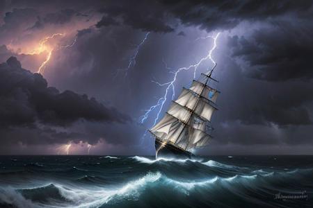 sailboat, storm, lightning, clouds, HDR (High Dynamic Range), Ivan Aivazovsky, Maximum Clarity And Sharpness, Multi-Layered Textures,nightsky background,
