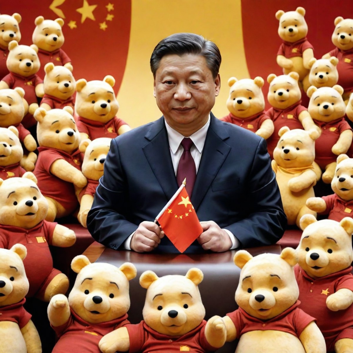 single one chairman Xi Jingping general secretary, BREAK. surrounded by many Winnie the Pooh bears, ccp china flag