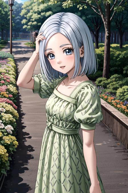 DQ10 illutia, short hair, grey hair, blue eyes, DQ10 costume, green dress, short sleeves, puffy sleeves, brown footwear, <lora:DQ10_illutia_ep20:0.6>, BREAK (small breasts), beautiful, masterpiece, 8K resolution, extremely detailed face, 1girl, Beautiful girl, adult girl, 20 years old, eye highlights, from above, looking at viewer, smile, parted lips, blush, BREAK (fixing hair:1.3), windy, wind lift, floating hair, BREAK anime background, outdoors, in forest, flower garden, gentle sunlight, <lora:clear light_v1:1>, <lora:flat2-dim1:-0.5>