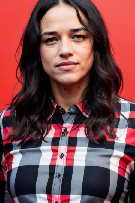 photo of michelleR1wearing checkered red and black shirt and blue jeans staring at the viewer, (checkered red and black shirt), (blue jeans),Highly Detailed,(close portrait:1.3),(Feminine:1.4),(beautiful:1.4),(attractive:1.3),calendar pose,perfectly detailed eyes,studio lighting,thematic background