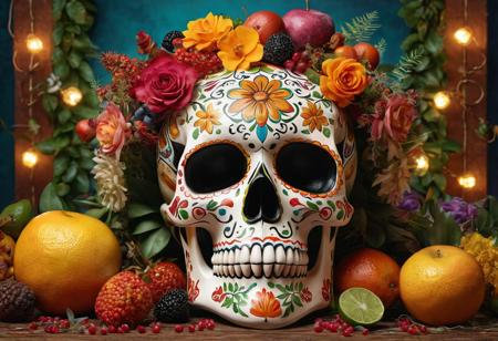 stunning still-life photo render of a Mexican Skull Calavera, surrounded by poetic ornamental elements such as fruits, flowers, garlands of lights and native plants, studio lighting, 8k