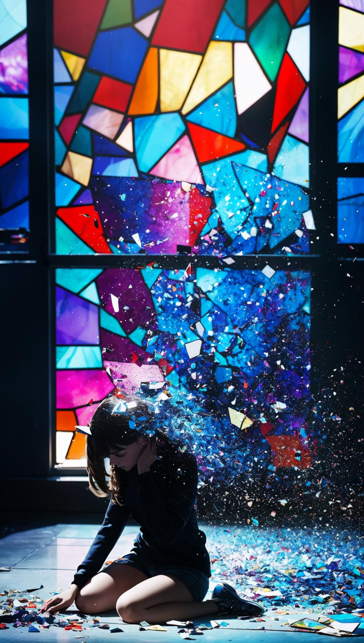 A girl sitting in front of a stained glass window.