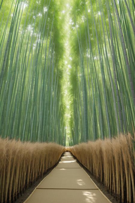 Arashiyama bamboo grove with tall green stalks swaying, path through the forest with warm light filtering down, ultra-realistic detail, DSLR shot with vertical framing, peaceful and dreamlike mood